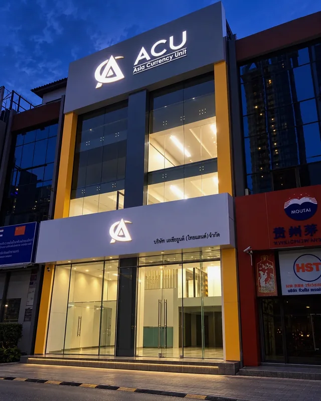 ฟาซาดอาคาร ACU Asia Currency Unit ยามค่ำคืน พร้อมโลโก้และป้ายตัวอักษรเรืองแสงด้านบนอาคาร
