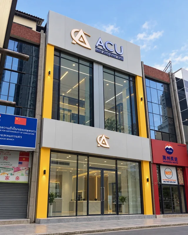 อาคาร ACU Asia Currency Unit เวลากลางวัน ฟาซาดสีเทาและกระจกบานใหญ่ พร้อมป้ายโลโก้ด้านบนอาคาร