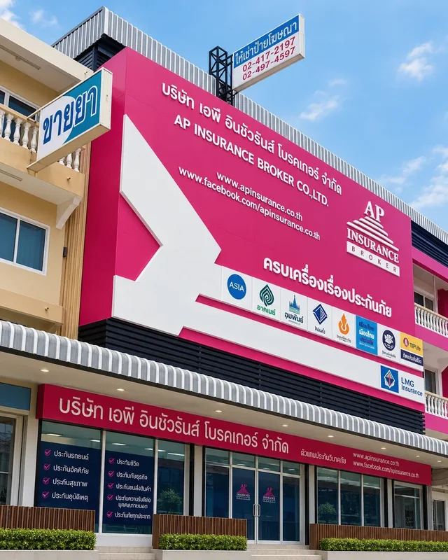อาคารสำนักงาน AP Insurance Broker ฟาซาดสีชมพู พร้อมโลโก้และตัวอักษรชื่อบริษัทเหนือทางเข้า