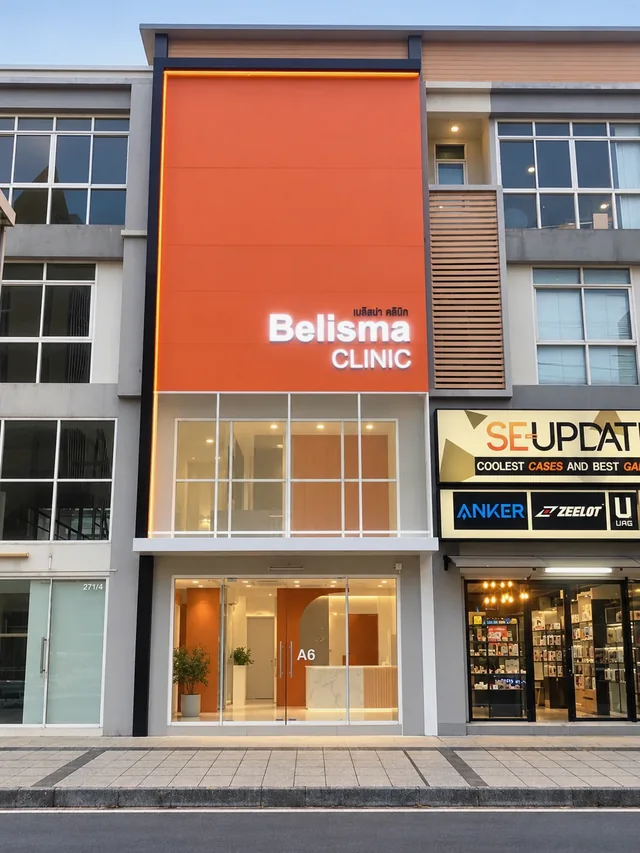 ผนังฟาซาดสีส้มสูงสองชั้นของ Belisma Clinic พร้อมตัวอักษรไฟสีขาวและหน้าร้านกระจก