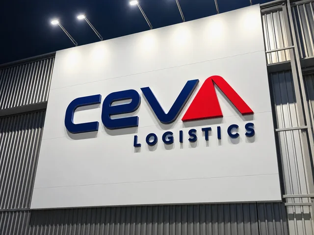 ป้าย CEVA Logistics ตัวอักษรสีน้ำเงินแดงบนผนังอาคารโรงงานสีขาว พร้อมโคมไฟส่องสว่างด้านบน