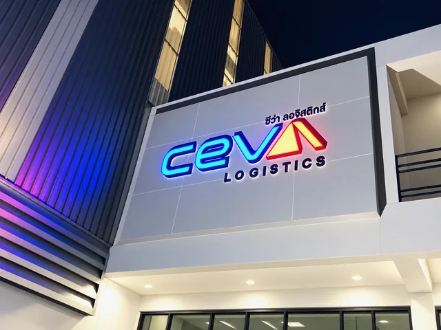 ภาพมุมใกล้ป้ายไฟ CEVA Logistics ตัวอักษรสีน้ำเงินและสัญลักษณ์สีแดงบนผนังอาคารช่วงกลางคืน