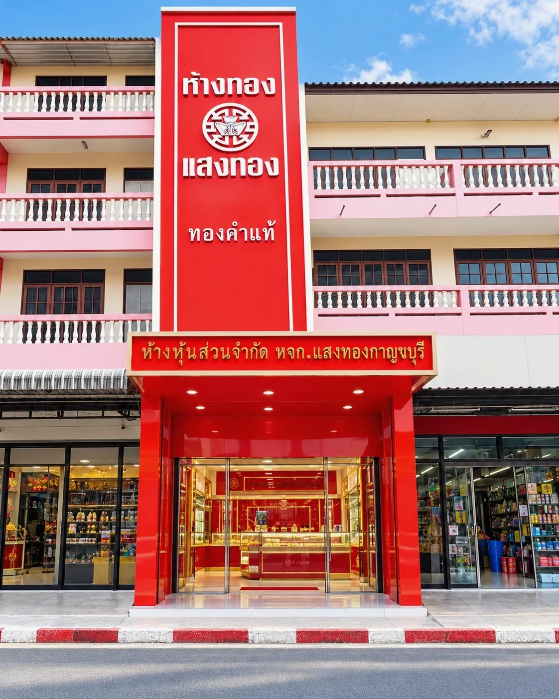 ห้างทองแสงทอง — ฟาซาดสีแดงทองพร้อมป้ายตัวอักษรแนวตั้ง