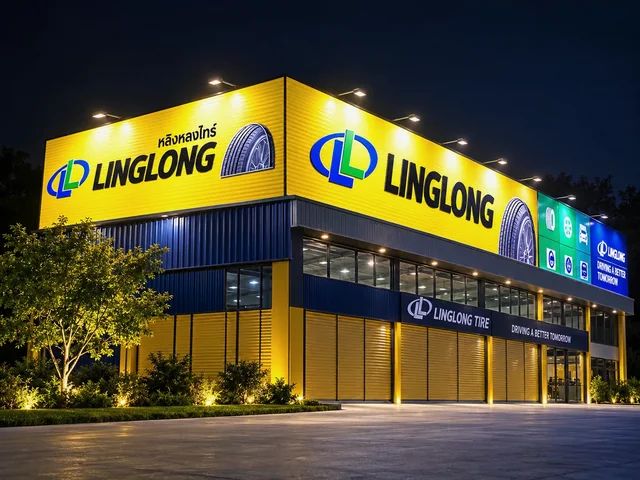 ป้าย Linglong Tire สีเหลืองติดบนด้านหน้าสองมุมอาคารร้านยาง พร้อมไฟส่องและโลโก้สีน้ำเงินยามค่ำคืน