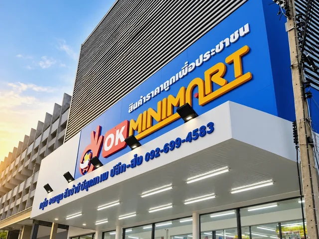 ป้ายหน้าร้าน OK MINIMART บนฟาซาดสีน้ำเงิน พร้อมตัวอักษรสีส้มและกันสาดหน้าร้าน