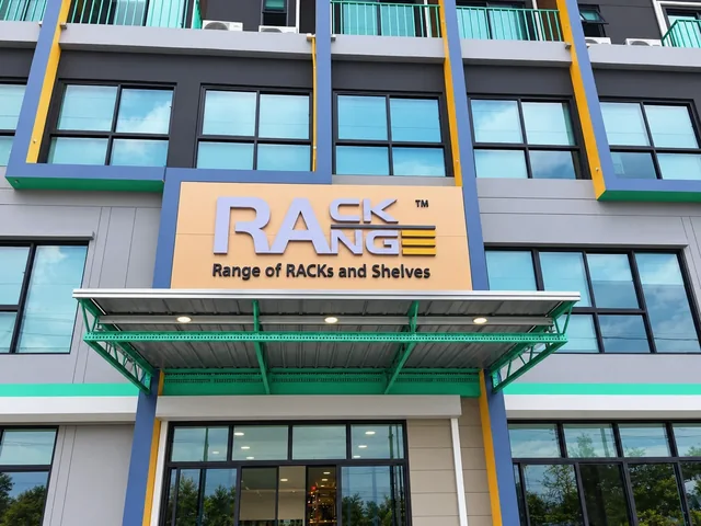 ป้ายโลโก้ RACK RANGE บนผนังสีเบจของอาคารพาณิชย์ พร้อมโครงกันสาดสีเขียวบริเวณหน้าร้าน