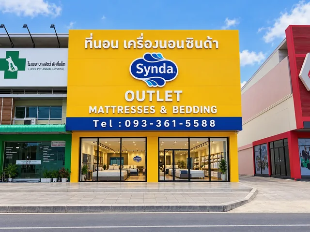 ป้าย Synda Outlet พื้นสีเหลือง ตัวอักษรสีขาวและโลโก้สีน้ำเงินบนหน้าร้านที่มีผนังกระจกด้านล่าง